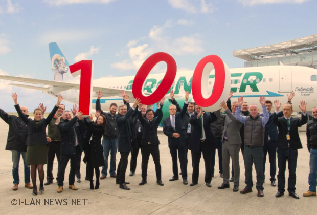 中飛租賃在法國圖盧茲迎接第100架飛機 -- 該機也是中飛租賃首架A320neo飛機，交付予Indigo Partners旗下的美國邊疆航空
