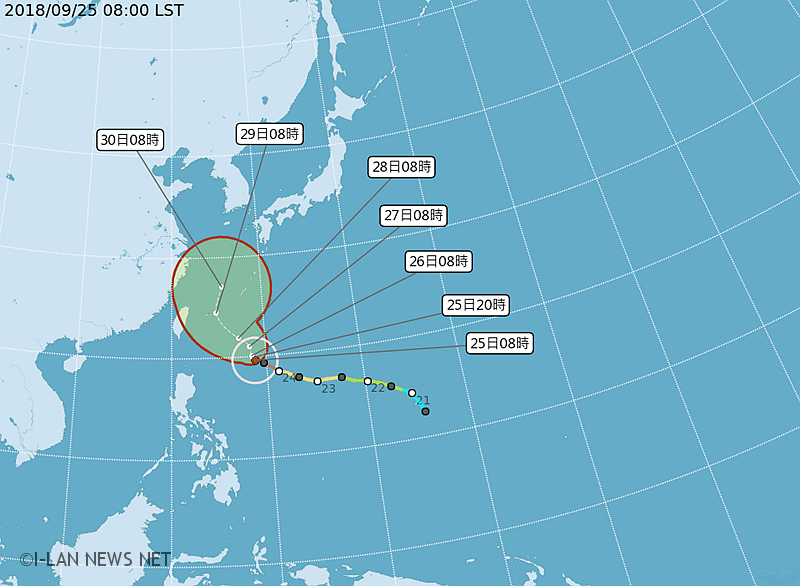 強颱潭美預測28日晚間8點接觸台灣東北部陸地