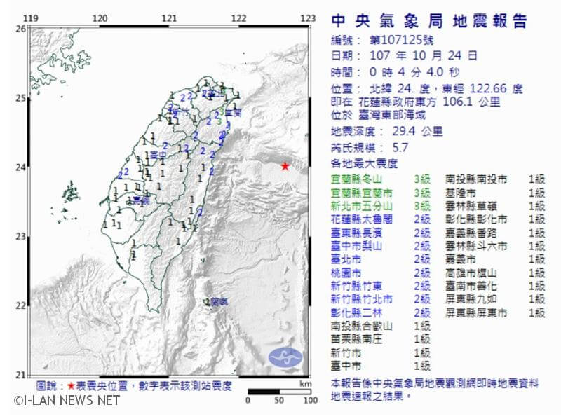 臺灣東部海域再發生規模5.7有感地震