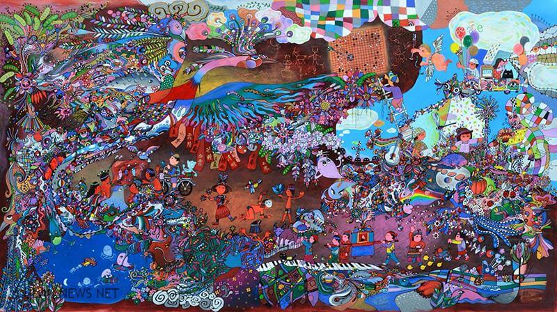 宜蘭礁溪有朋美術館推出愚魚「紅色、青色、畫心色」創作展，展出「畫心色」老頑童畫家愚魚最新作品。