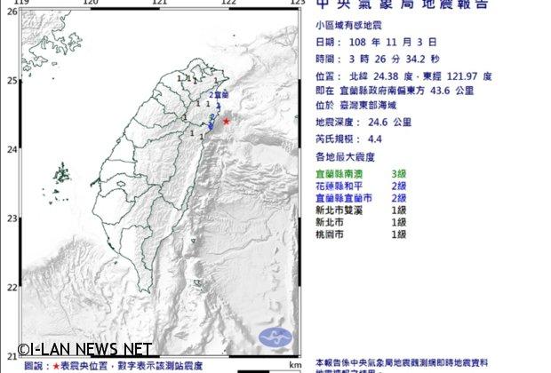 宜蘭地震芮氏規模4.4 無恙!