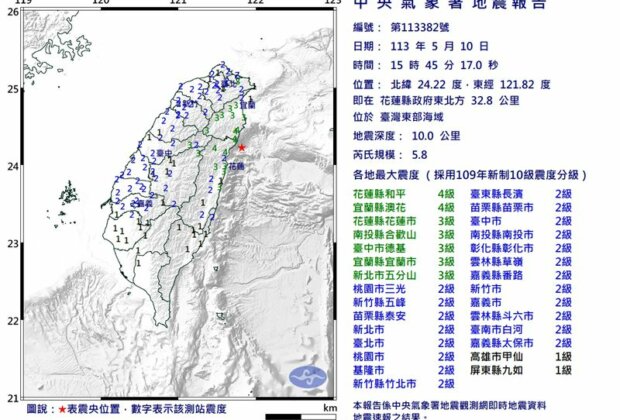 花蓮縣政府東北方32.8公里發生芮氏規模5.8有感地震!