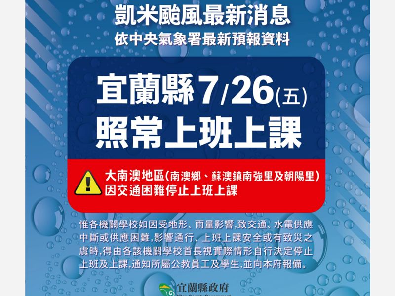 凱米颱風過後宜蘭縣26日上班上課 童玩節休園 羅東藝穗節提早謝幕!